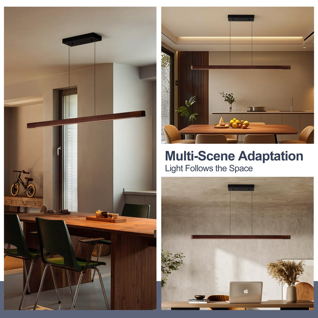 43" Wood Linear Pendant Light, Dimmable Kitchen Island Lighting with Remote, 24W LED Hanging Pendant Light