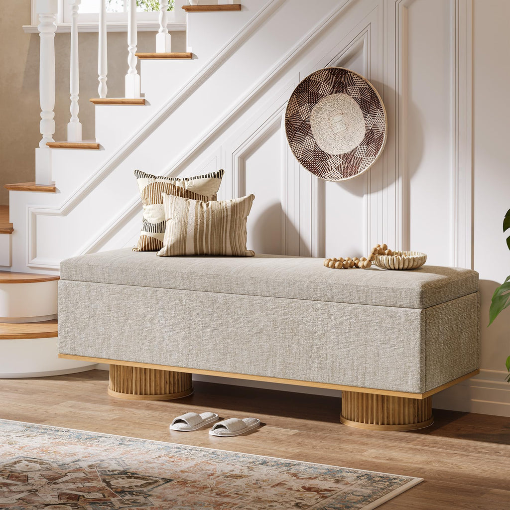 50.39" Storage Bench with Padded Seat Cushion, Upholstered Shoe Bench with Flip Up Storage, Load up to 330 lb, Beige