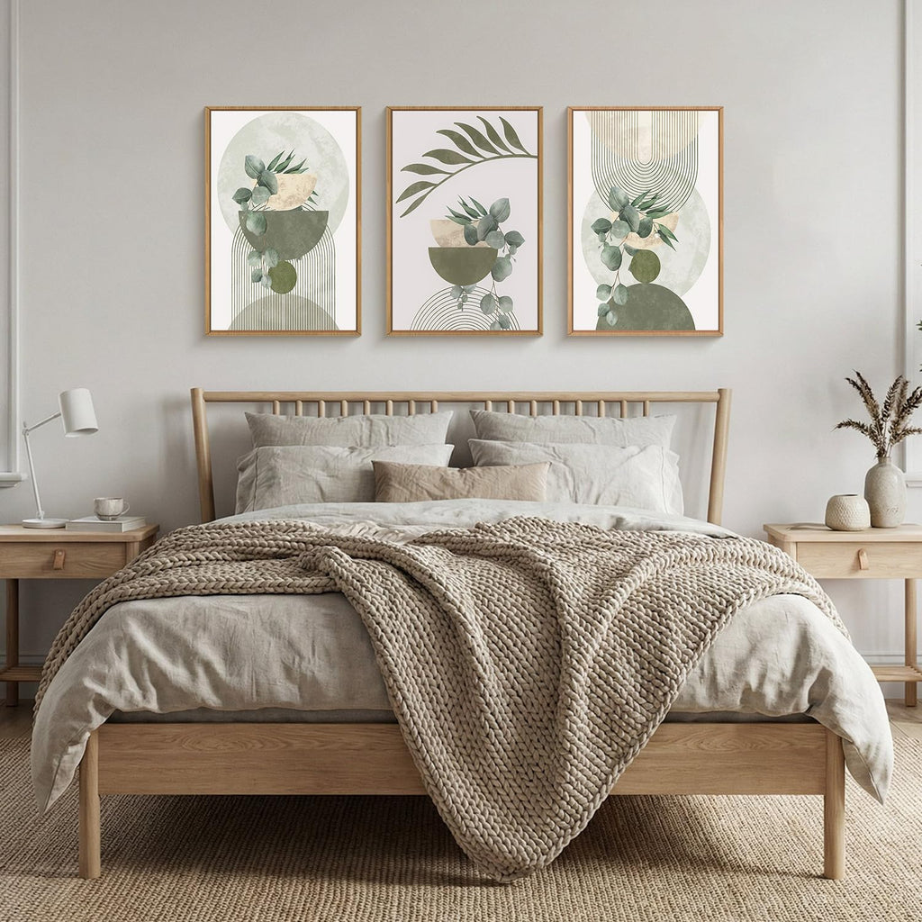Sage Green Plant Canvas Wall Art Set 3, Abstract Geometric Line Botanical Framed Prints, Beige Minimalist Boho Leaf