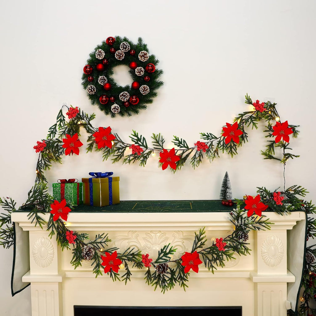 2 Pack Christmas Garland, 9' Pre-lit Artificial Xmas Flocked Garlands, Lighted Poinsettia Spruce Timer & Battery