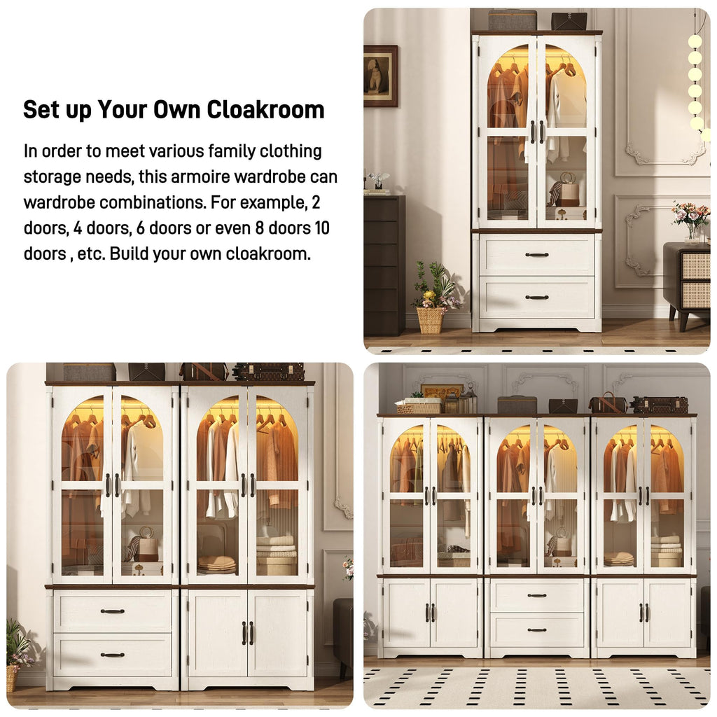 Tall Farmhouse 4 Doors Armoire Wardrobe Closet with LED, 72" Freestanding Arched Wardrobe Closet Cabinet w Glass