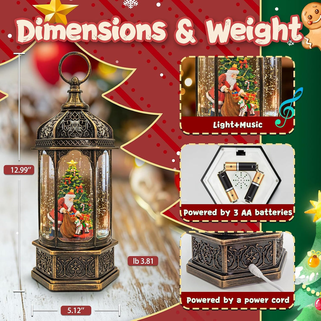 Christmas Snow Globe Lantern, Santa Claus Gift Piles Light Up Musical Snow Globes with 6H Timer, 3 AA Battery & USB