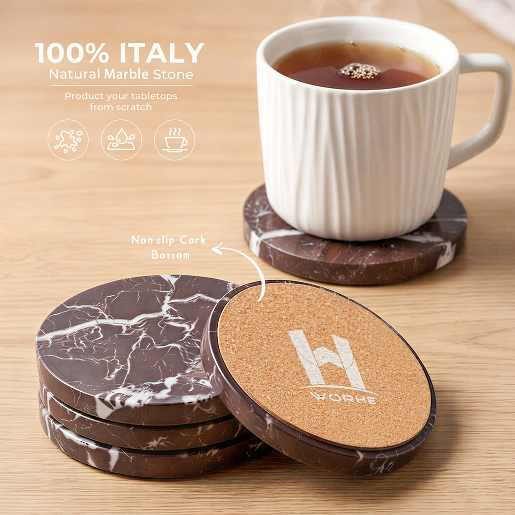 Natural Marble Coasters Set of 4-4" Round Stone Drink Coasters, Non-Slip Cork Backing, Housewarming Gift, Wedding
