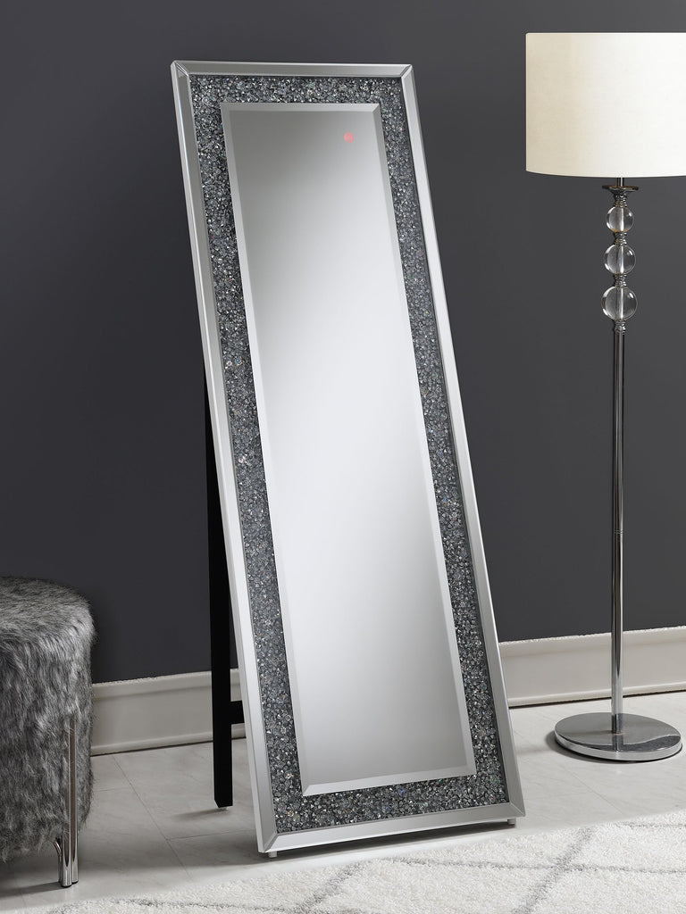 Furnishings Rectangular Full Length Standing Floor Mirror with LED Lighting Acrylic Crystal Inlay Silver 961427