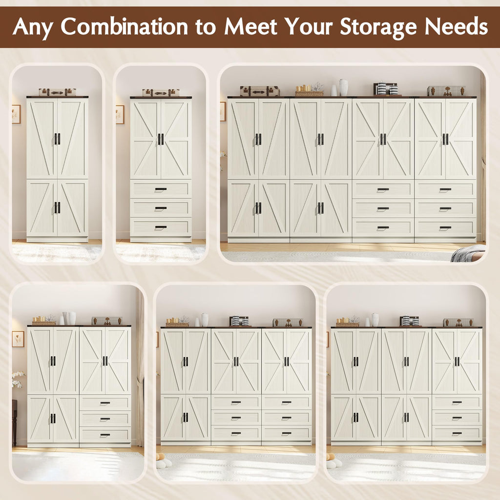 74" Tall Farmhouse Armoire Wardrobe Closet with Sensor LED Light(White ABB)