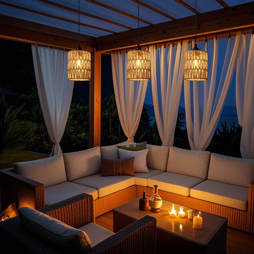 Battery Operated Chandelier, Battery Hanging Pendant Light, Rattan Lights with Warm White Bulb, 4*AA Battery Powered