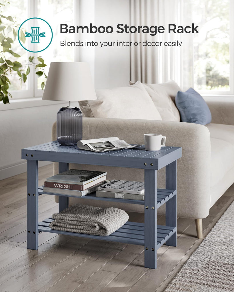 Shoe Rack Bench, 3-Tier Bamboo Entryway Bench, 27.6 Inches Width