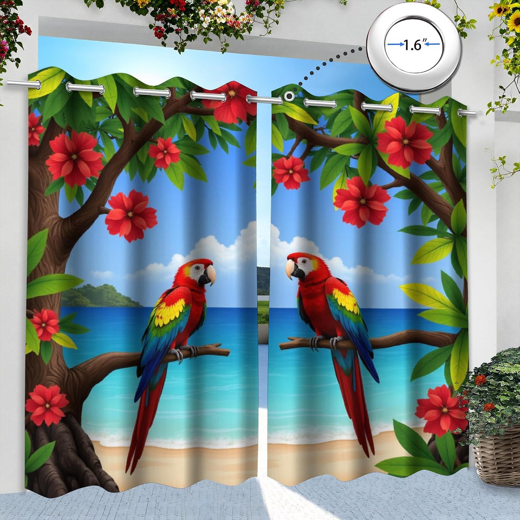 Tropical Scenery Theme Waterproof Outdoor Curtains ,Parrot Pattern,Waterproof,Privacy,Grommet Curtains