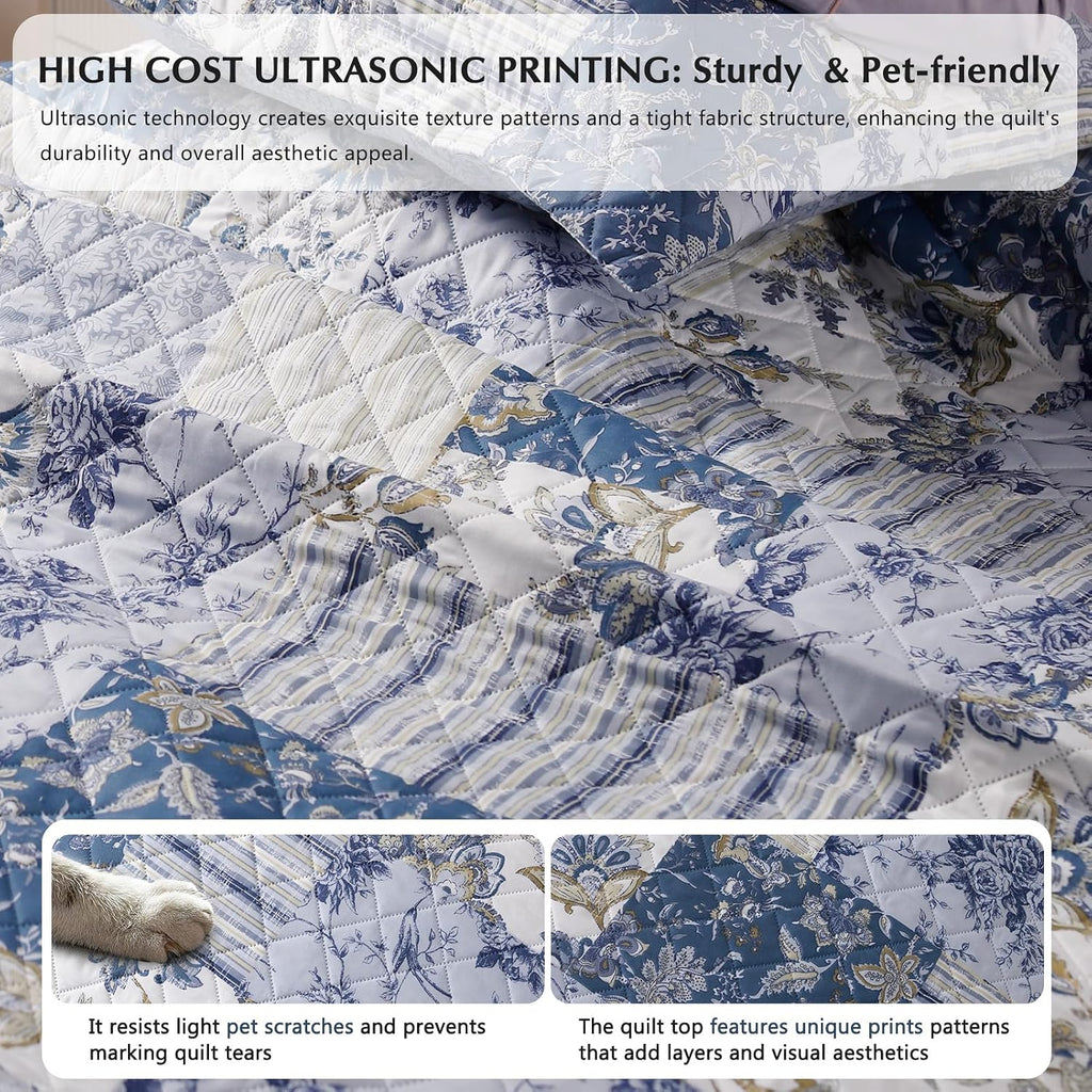 XL Queen Quilt Set 90"x96", Reversible Blue Floral Boho Queen Quilt Bedding Set, Lightweight Spring & Summer