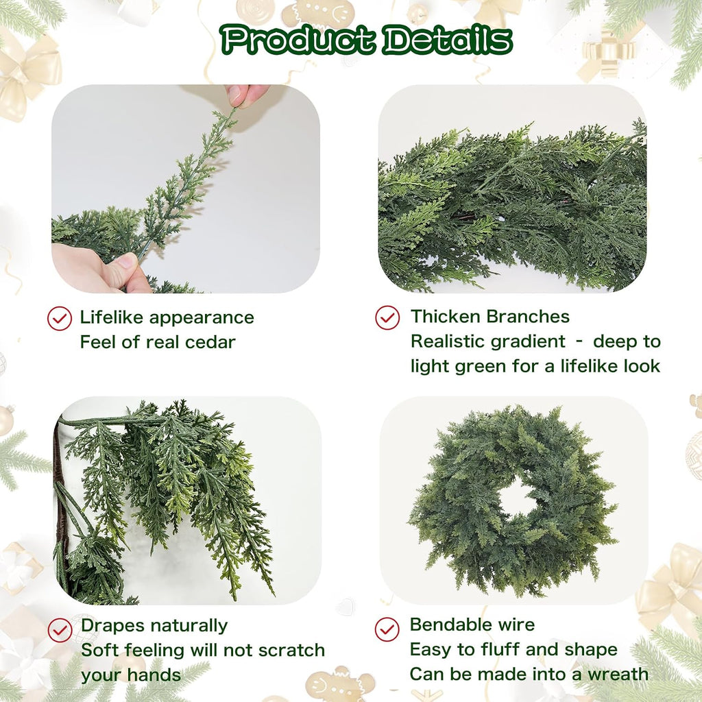 9FT Christmas Cedar Garland Deluxe Real Touch Greenery for Mantle Decor