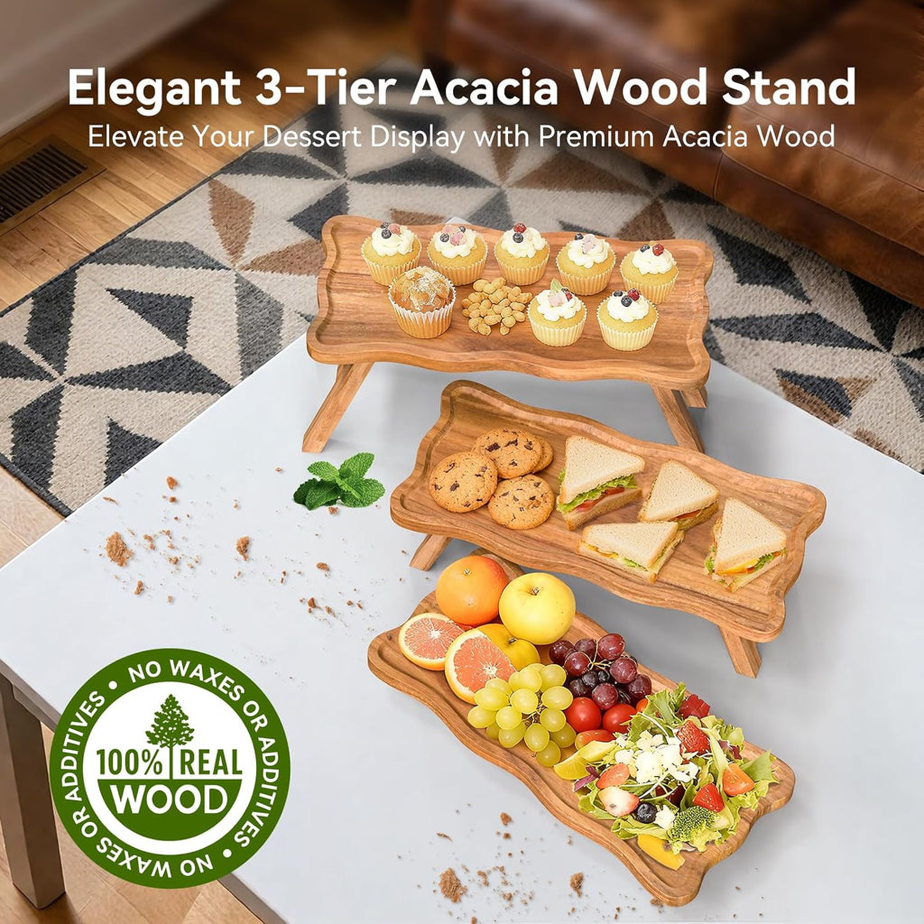 Acacia Wood 3 Tier Cupcake Stand, Serving Tray for Party, Foldable Dessert Table Display Set, Tiered Tray Decor - Set of 3