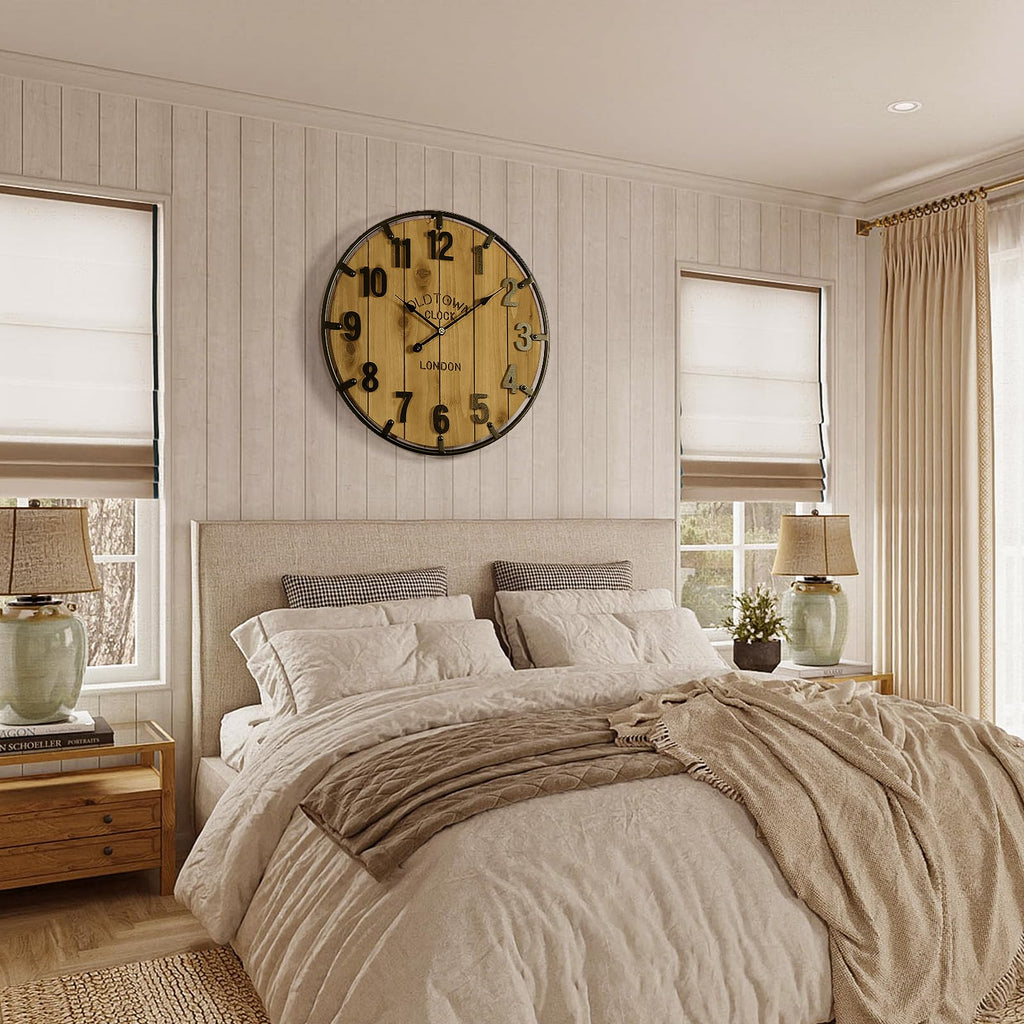 Farmhouse 24 Inch Wood Arabic Large Wall Clock with Metal Circle