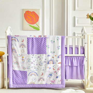 Patchwork Crib Bedding Set Rainbow Plaid Floral Design 3 Pieces Baby Girl Cute Quilted Comforter with Fitted Sheet