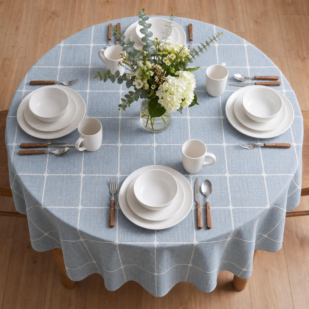 Farmhouse Plaid Tablecloth, Blue, 70×70 Inch Round