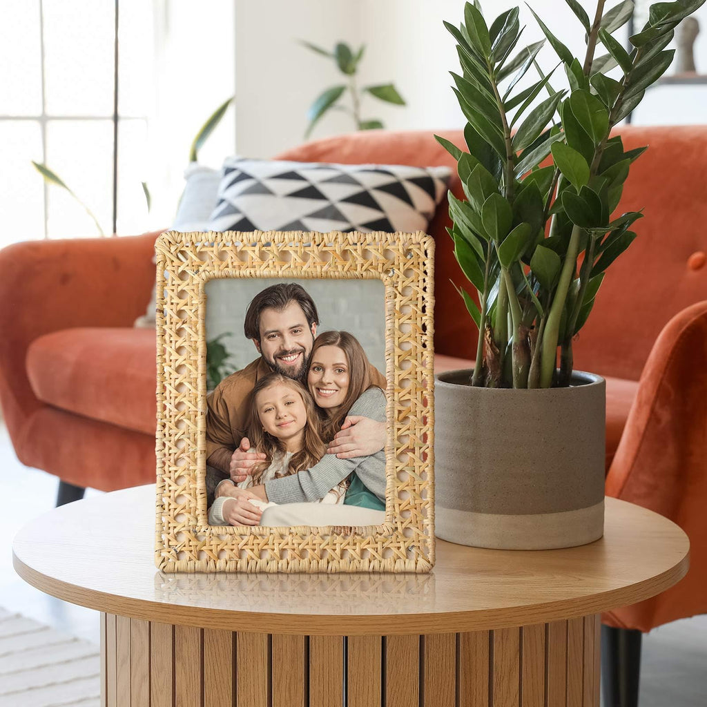 3pcs Boho Woven Rattan Picture Frame Set Rustic Wicker Photo Frames with Stand for Tabletop & Wall Display, Farmhouse