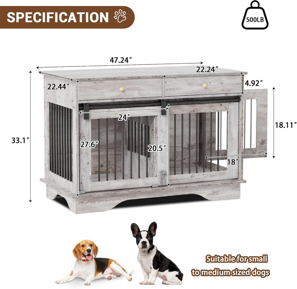 Multi Functional Wooden Dog Crate Furniture Double Kennel End Table Gray