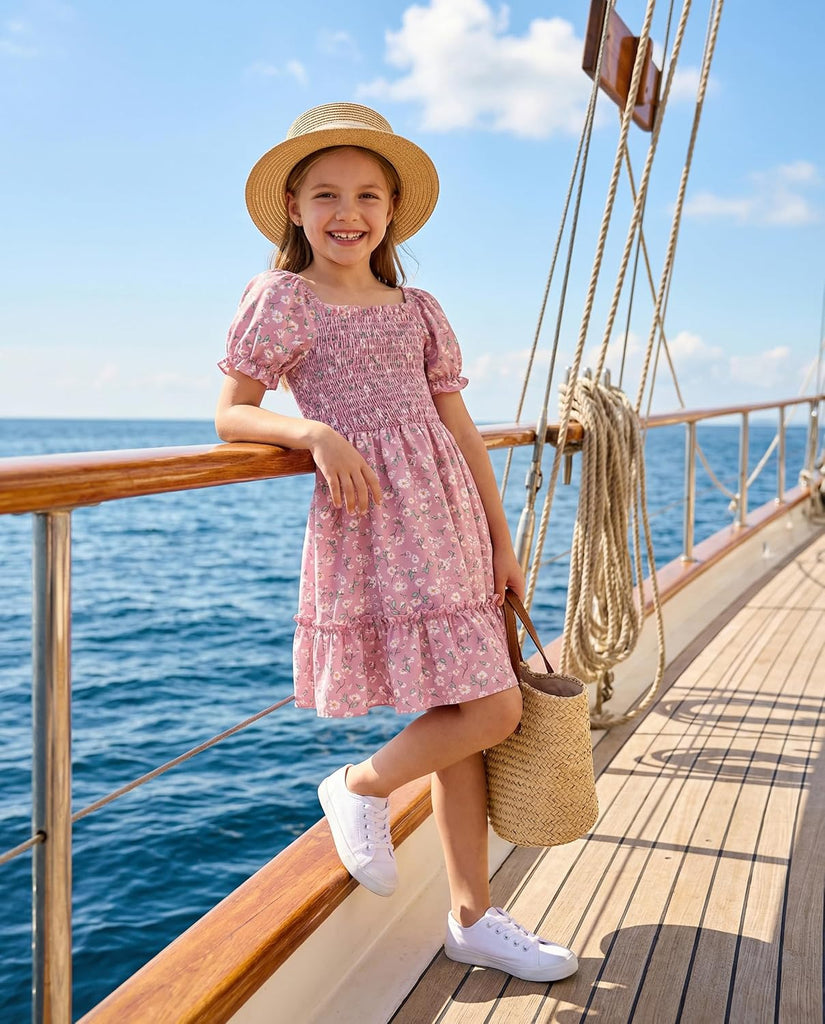 Summer Floral Smocked Dress Square Neck Puff Sleeve Ruffle School Party Teen Sundress