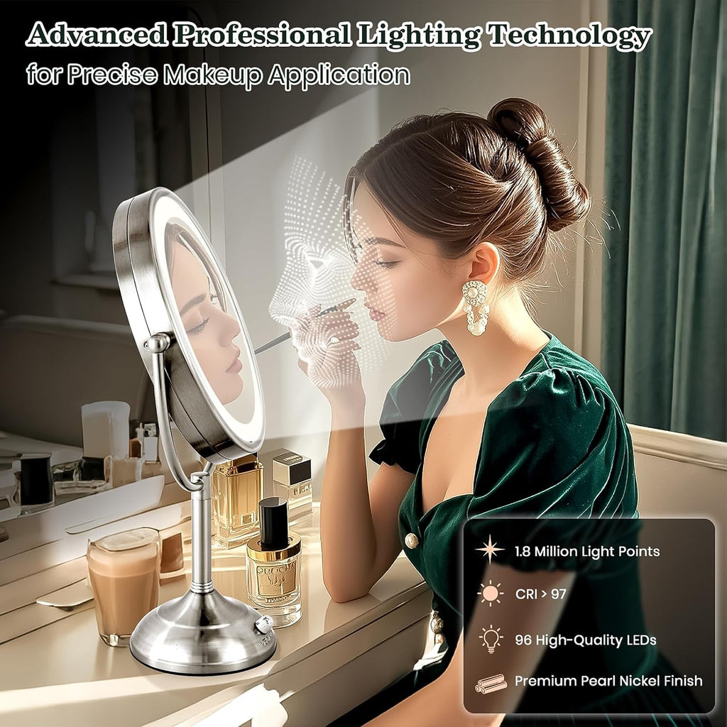 11.8" Extra Large 17" Tall Lighted Makeup Mirror, 1X/5X/10X 3-Sided Magnifying Mirror with 96 LEDs, 3 Color Dimmable