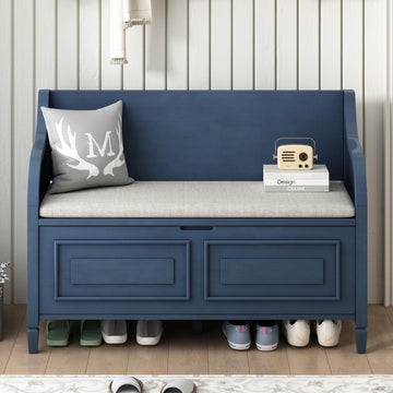 Rustic Style Solid Wood Storage Bench with Safety Hinge, Multifunctional Shoe Bench with Removable Cushion Bedroom