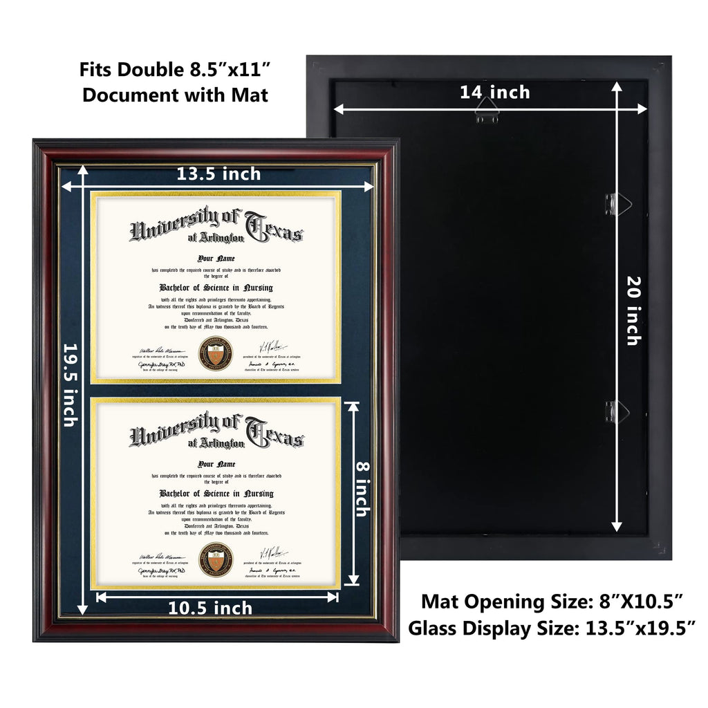 Double 8.5x11 Diploma Frame, Solid Wood & Tempered Glass, Cherry Finish with Gold Trim, Navy Blue & Gold Mat