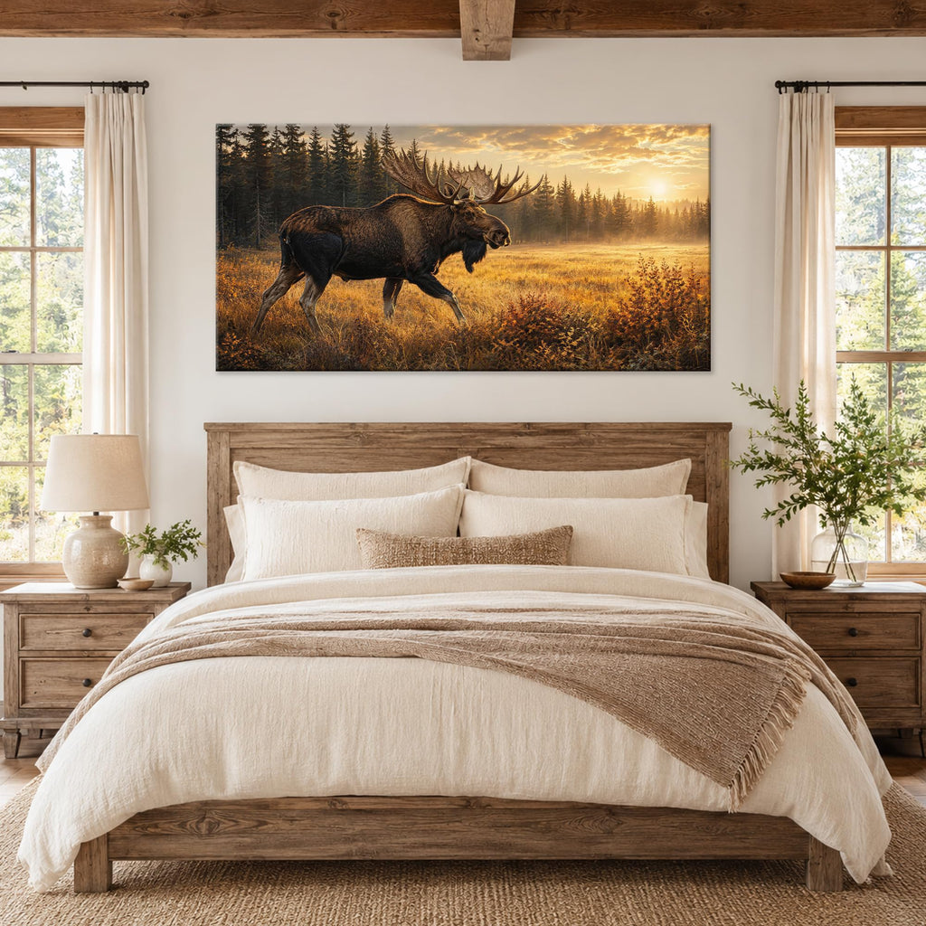 Moose Wall Art Rustic Wildlife Canvas Painting Woodland Animal Prints Serene Mountain Forest Picture Lodge Cabin