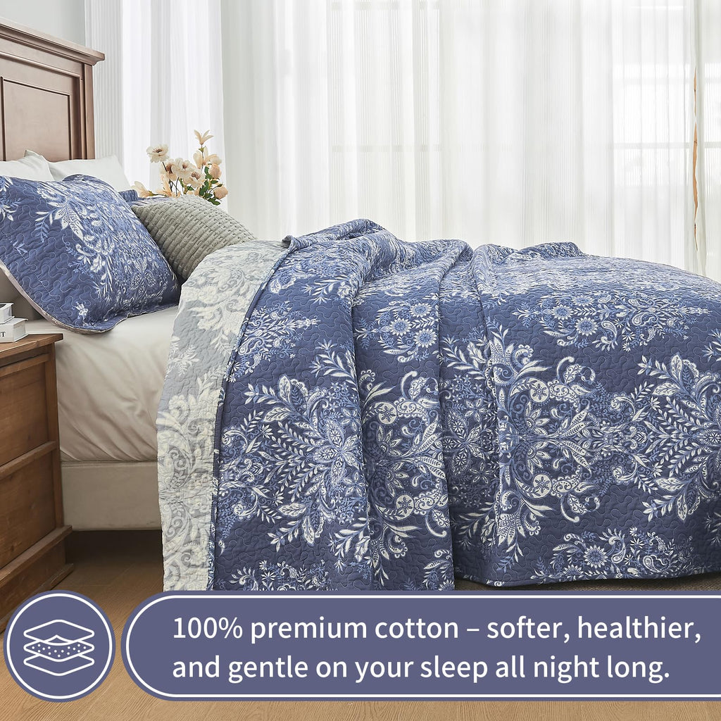 100% Cotton Quilt Set, Vintage Damask Floral, Insignia Blue