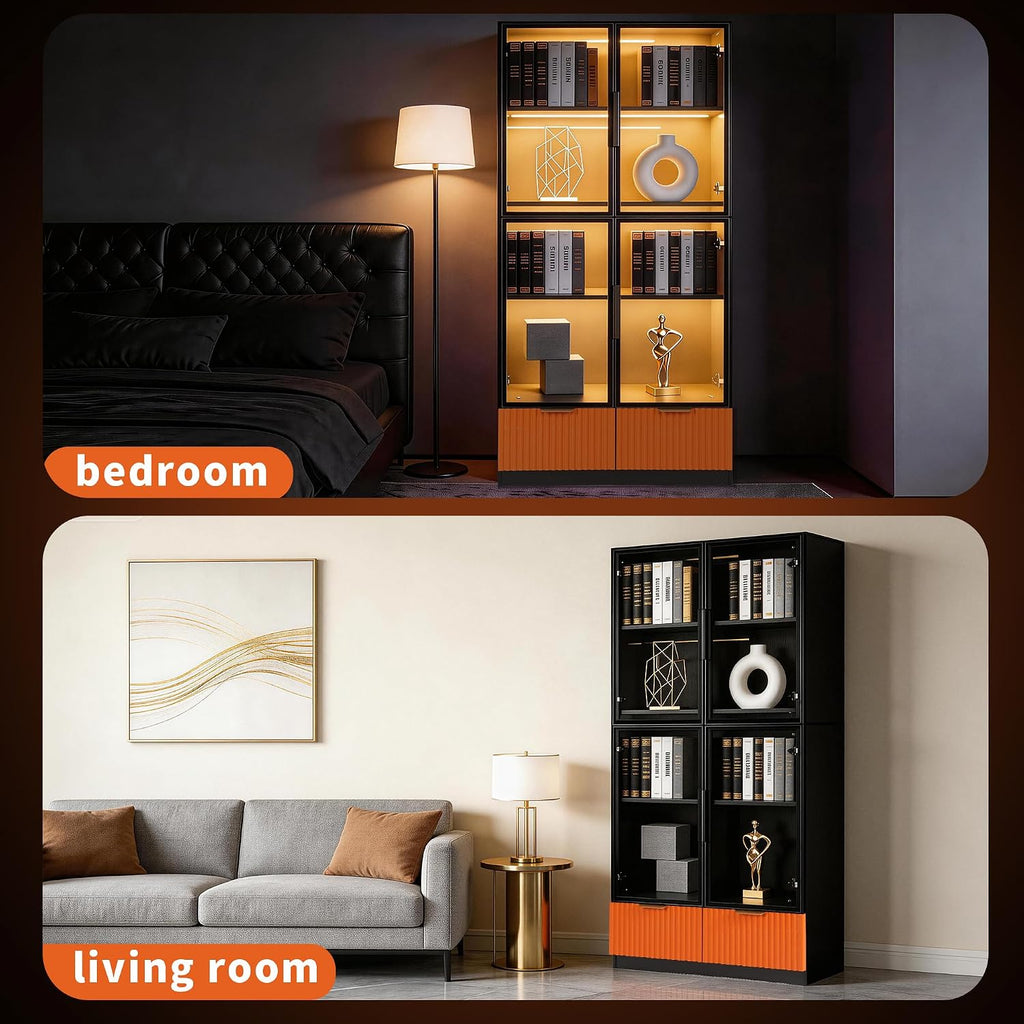 Black Display Cabinet, 67-Inch High Bookcase, Multi-Colored LED Ambient Lighting, 4-Tier Large Storage Space, 2 Large