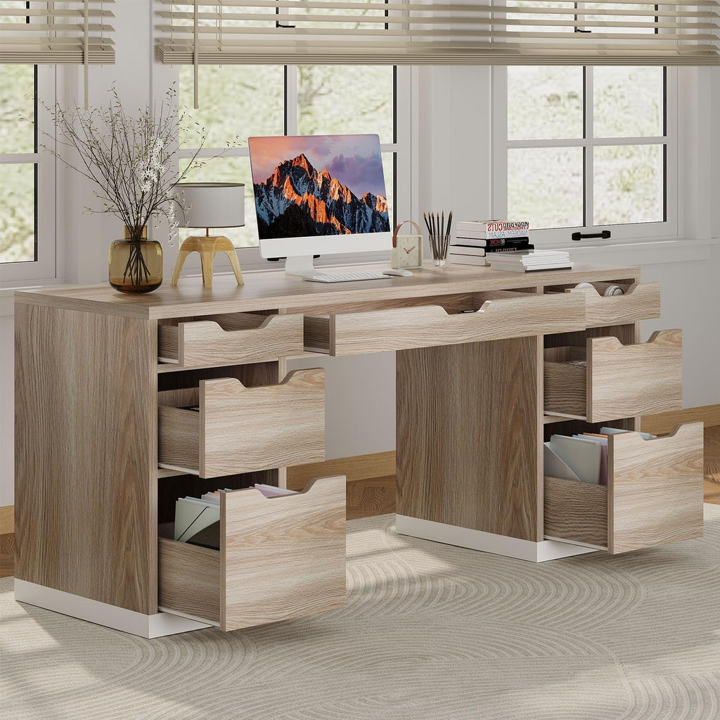 Home Office Desk with Drawers, 54 Inch Computer Desk with Storage, Study Writing Desk with 7 Drawers for Small