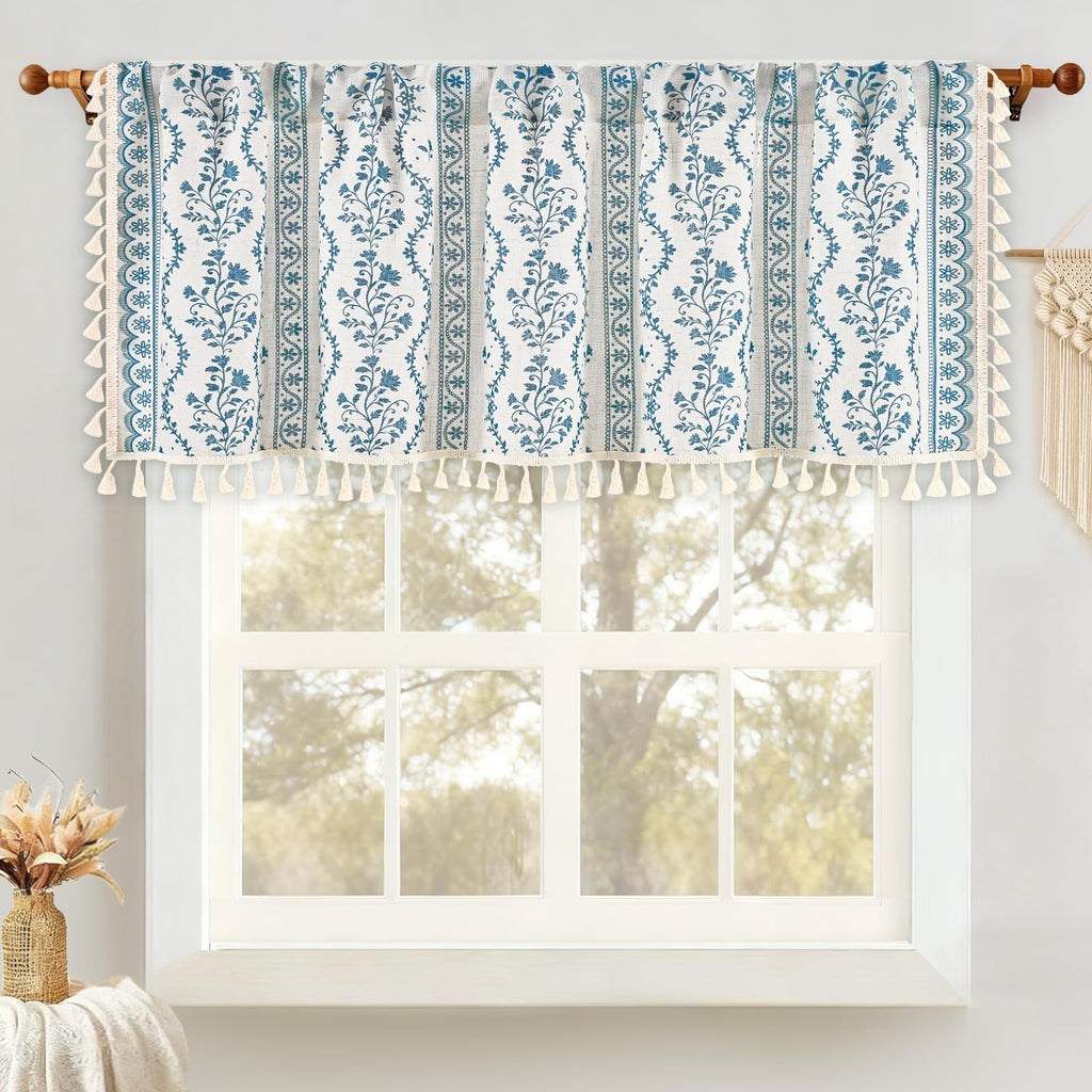 2 Pack Boho Valance Curtains Vintage Linen Kitchen Valances for Windows Light Filtering Bohemian Floral Valance Rod