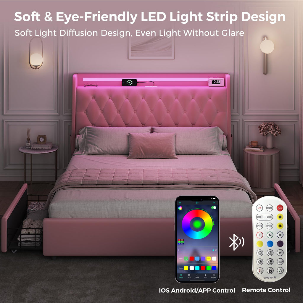 Full LED Velvet Bed Frame with 2 Storage Drawers&Hidden Headboard, Upholstered Platform Bed with Charging