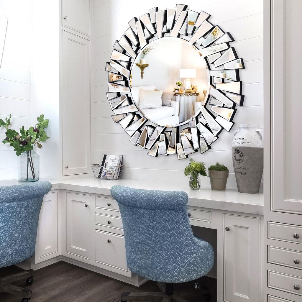 Round Mirror for Wall Decor, 36" Large Living Room Mirror with 3D Beveled Glass Frame, Modern Frameless Unique Design