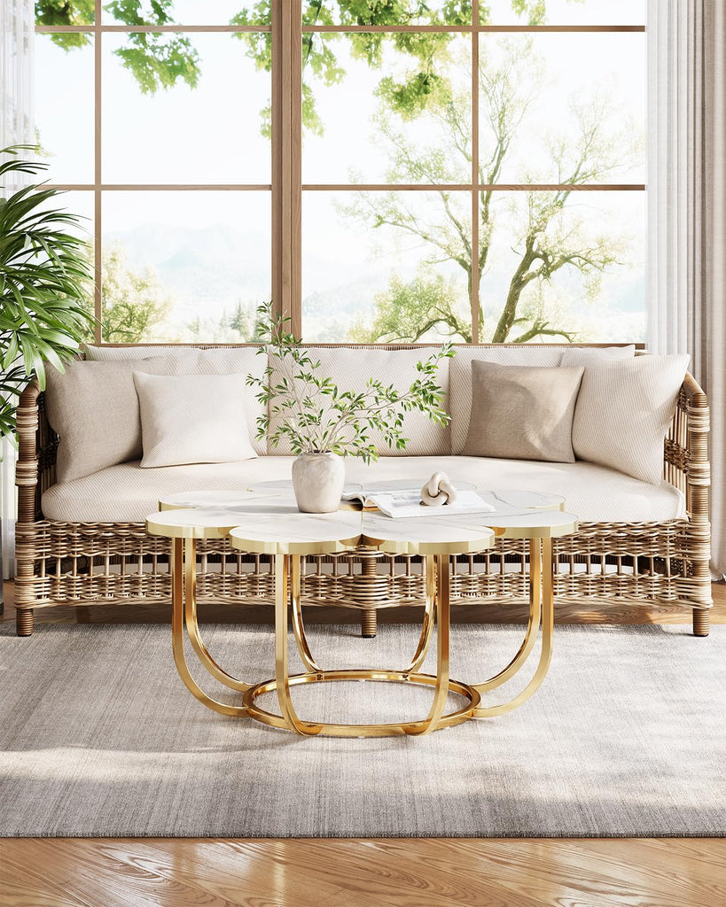 39.37-Inch White and Gold Coffee Table, Modern Flower-Shaped Center Table with Faux Marble Top & Metal Frame, Floral