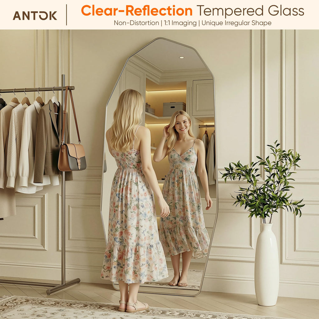 76"x34" Irregular Full Length Mirror, Large Full Body Mirror, Silver