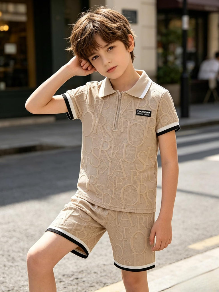Boys Clothes Piece Casual Street Style Turn-Down Collar Half Zip Kids Teen Boys Summer Outfits