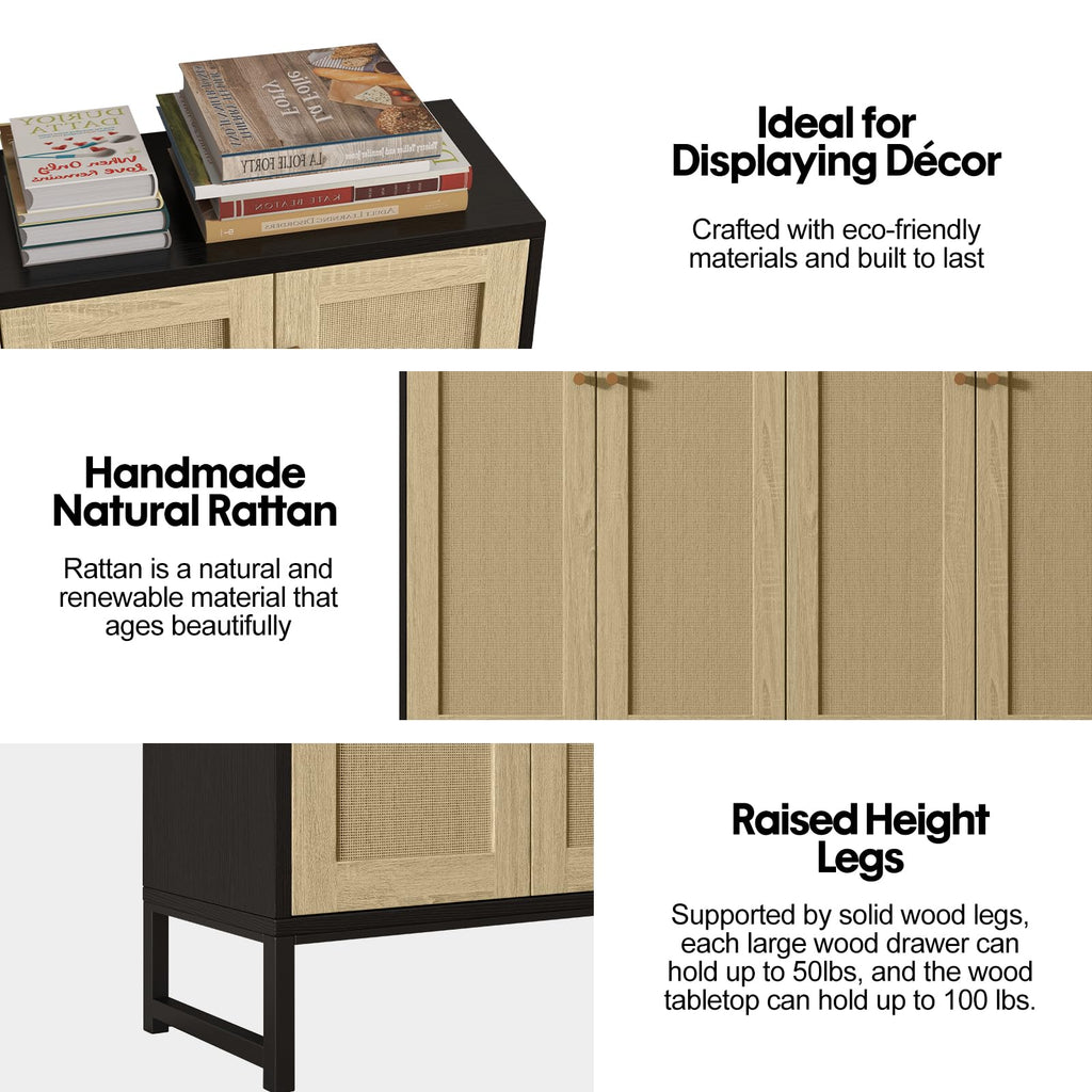 Sideboard Accent Storage Cabinet with Rattan Decorated 4 Doors Dining Room Freestanding Kitchen Buffet Table Cupboard