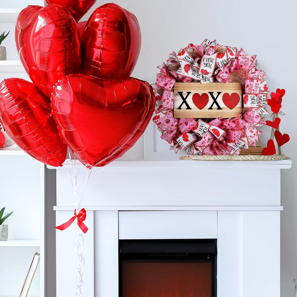 Valentine Wreaths 16 Inch Valentine's Day Wreath for Front Door Heart XOXO Pink Ribbon Mesh Decorations for Wall