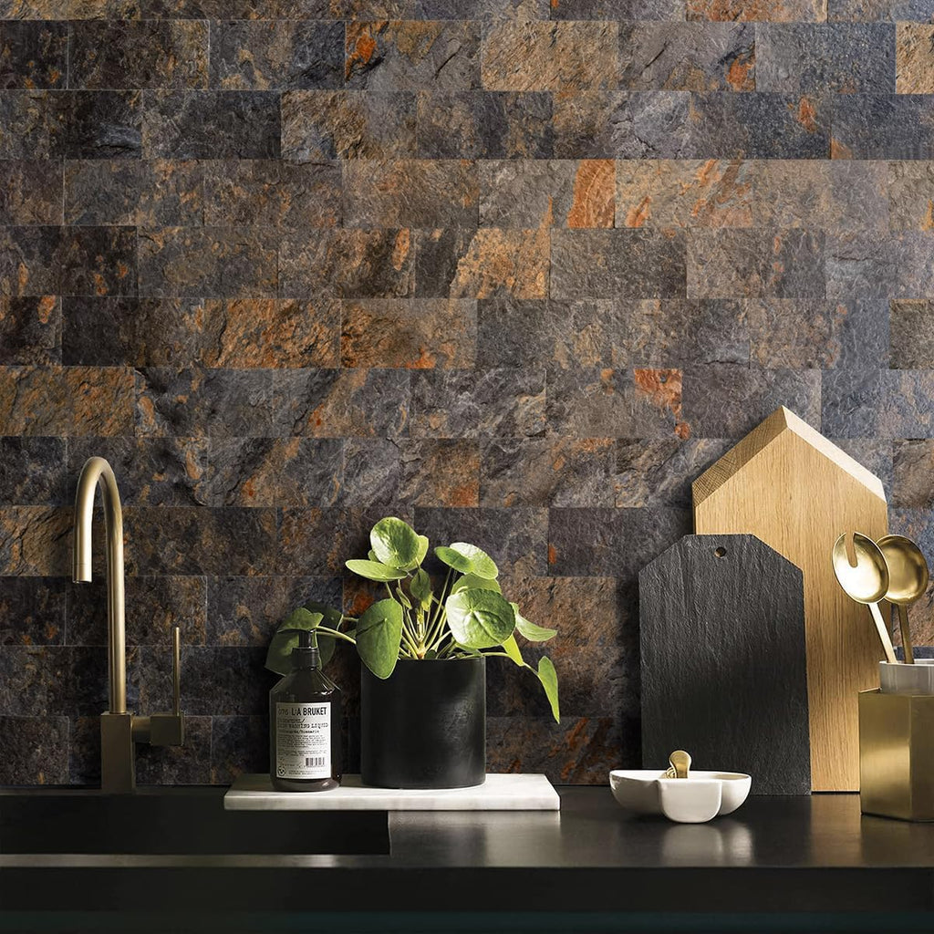 100 Piece Rust Slate Peel and Stick Backsplash Wall , 3" x 6" PVC Faux Stone Stick on for Backsplash Kitchen