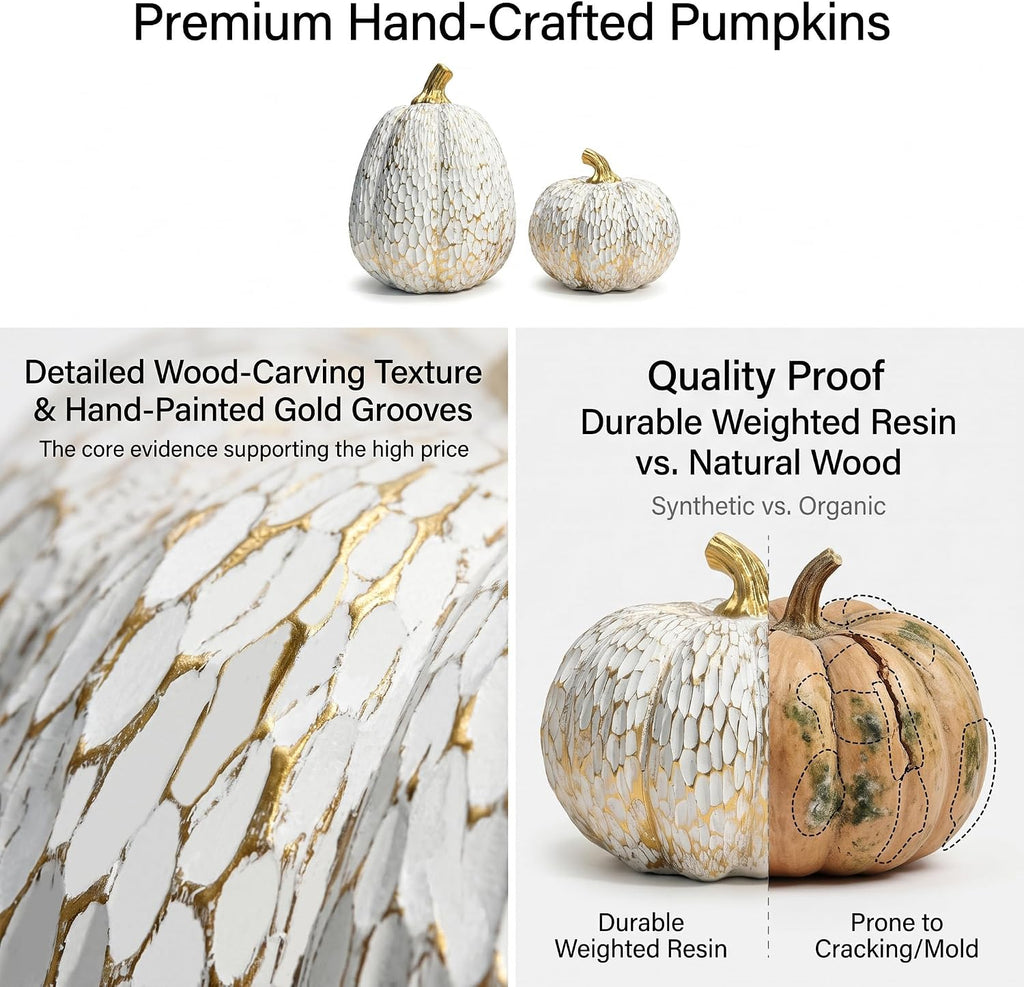 White and Gold Fall Pumpkin Decor, Small Decorative Thanksgiving Pumpkins - Set of 2