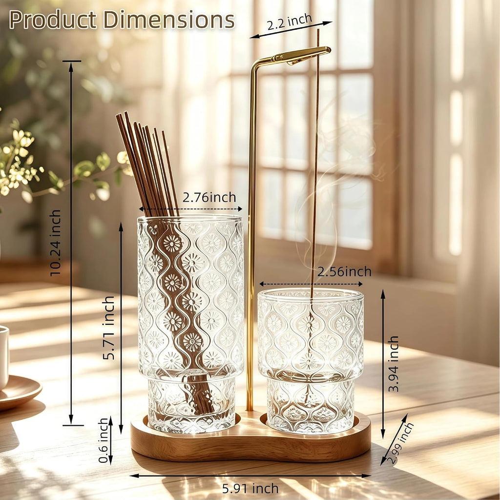 2 in1 Incense Holder Incense Burner for Sticks, Vintage Glass Incense Stick Holder Ash Collector Wooden Base