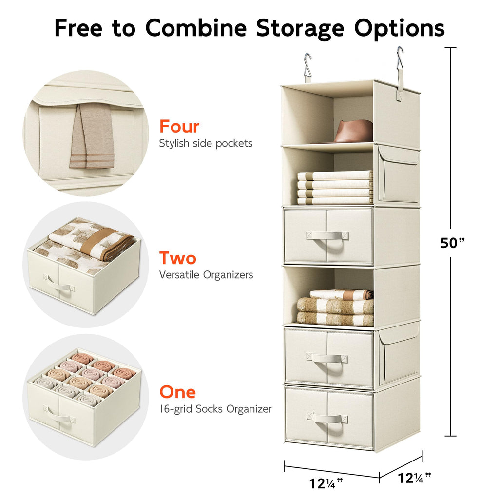 6-Shelf Hanging Closet Organizer with 3 Fabric Drawers, Beige