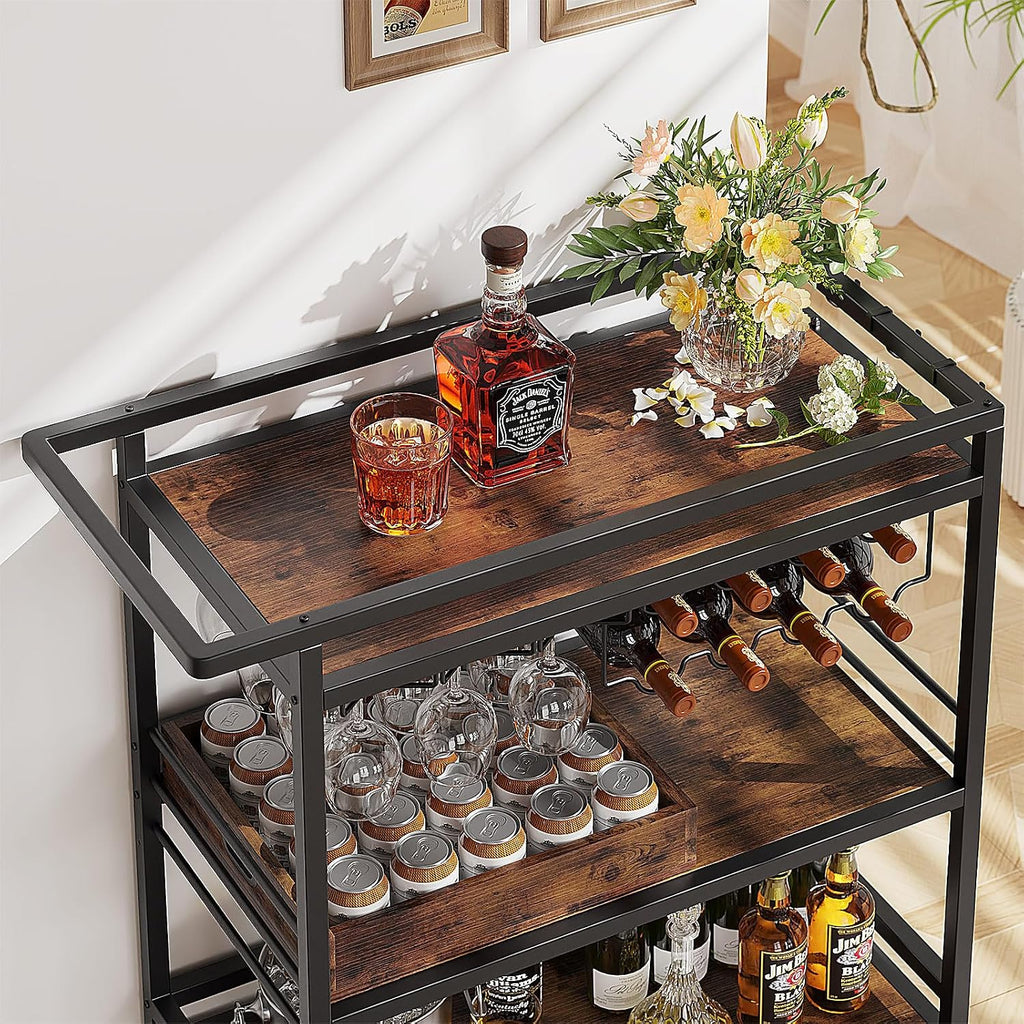 Bar Cart , 3 Tier Rolling Serving Carts with Wheels | Drink Cart, Liquor Stand with Removable Tray, Wine Rack and