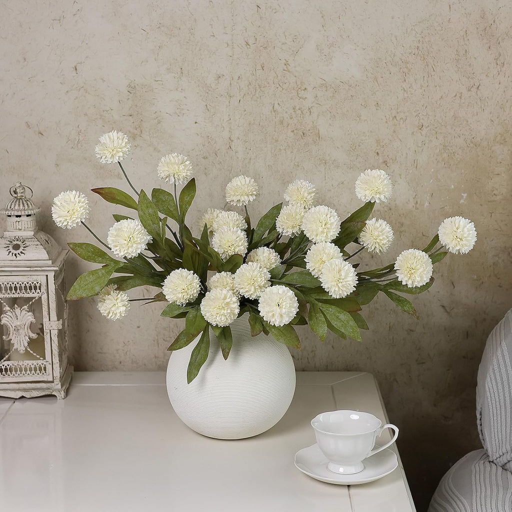 6 Pcs 27" Faux Silk Pompon Mum Artificial Flowers for Vase(Cream) | Bulk Fake Chrysanth Branches with Stems, for DIY