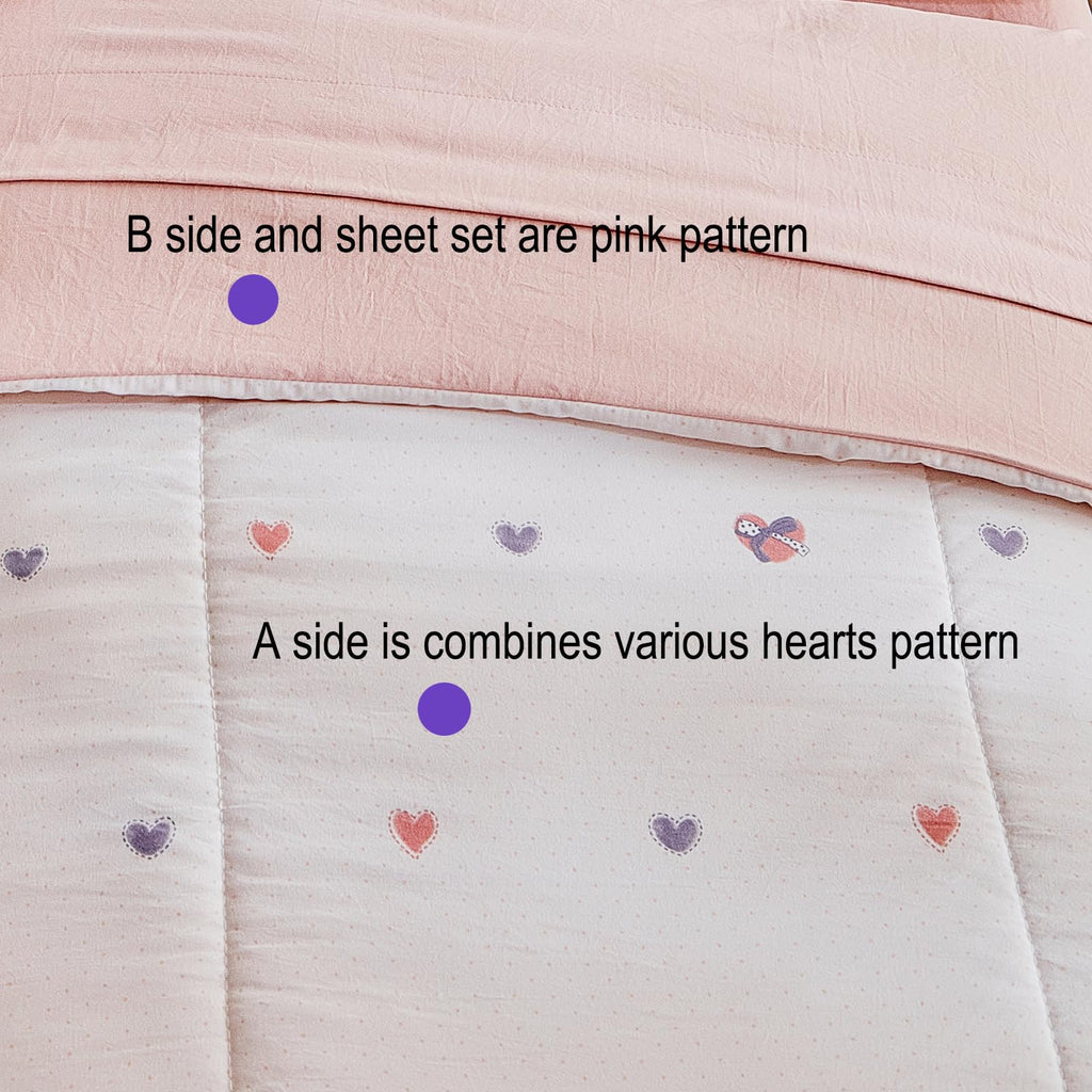 4 Pieces Toddler Bedding Set,Pink Heart Toddler Comforter Sets for Girls,Soft Crib Bed Sheets Set Includes Quilted