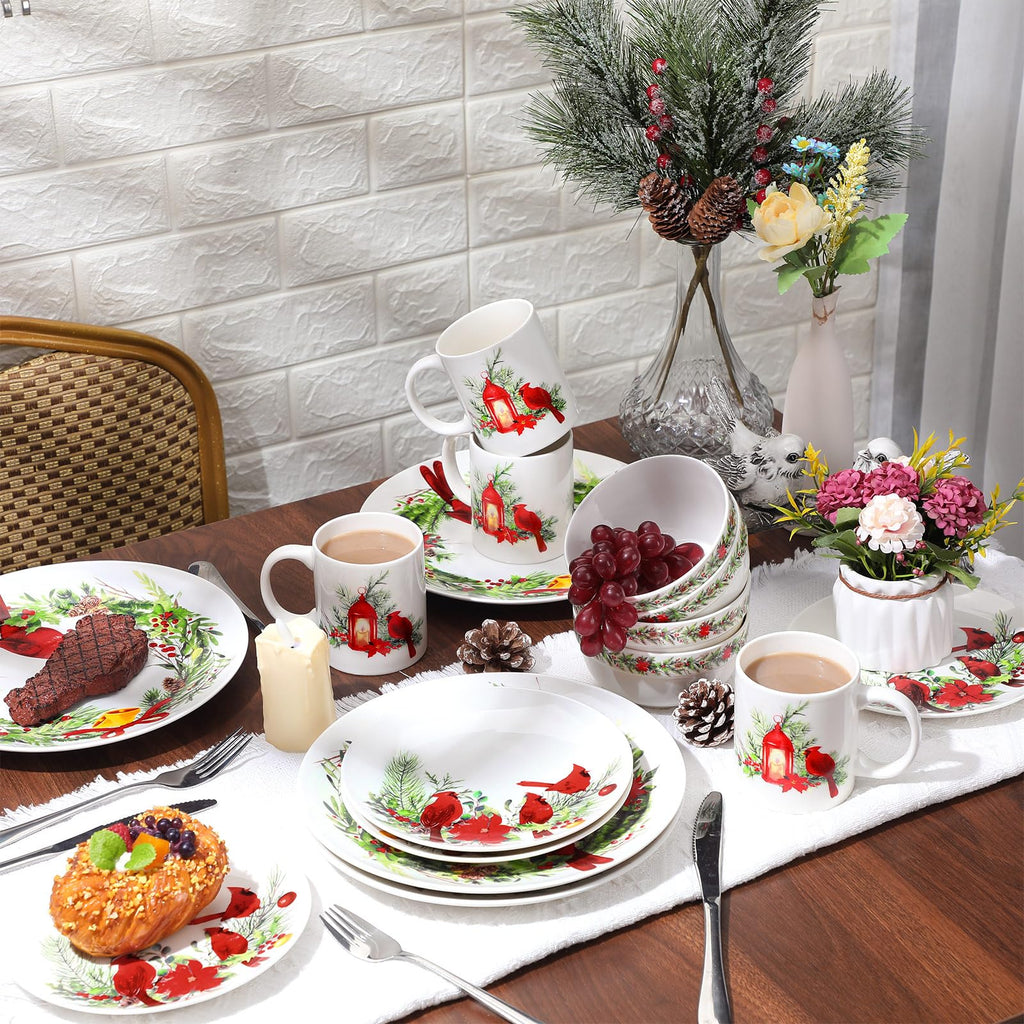 16 Pcs Christmas Cardinal Dinnerware Set Floral Dinnerware Ceramic