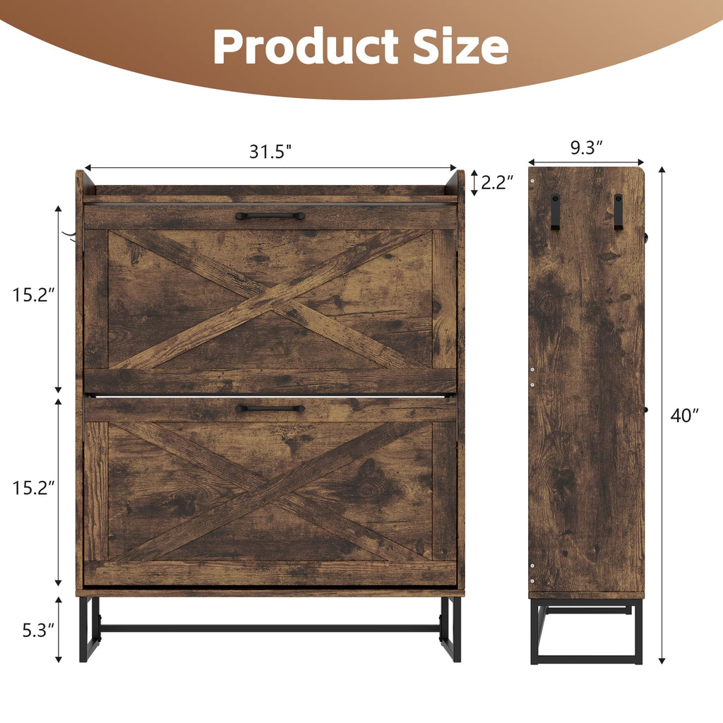 Shoe Storage Cabinet with 2 Flip Drawers, Freestanding Organizer with Metal Legs, Narrow Shoe Rack Cabinet, Rustic