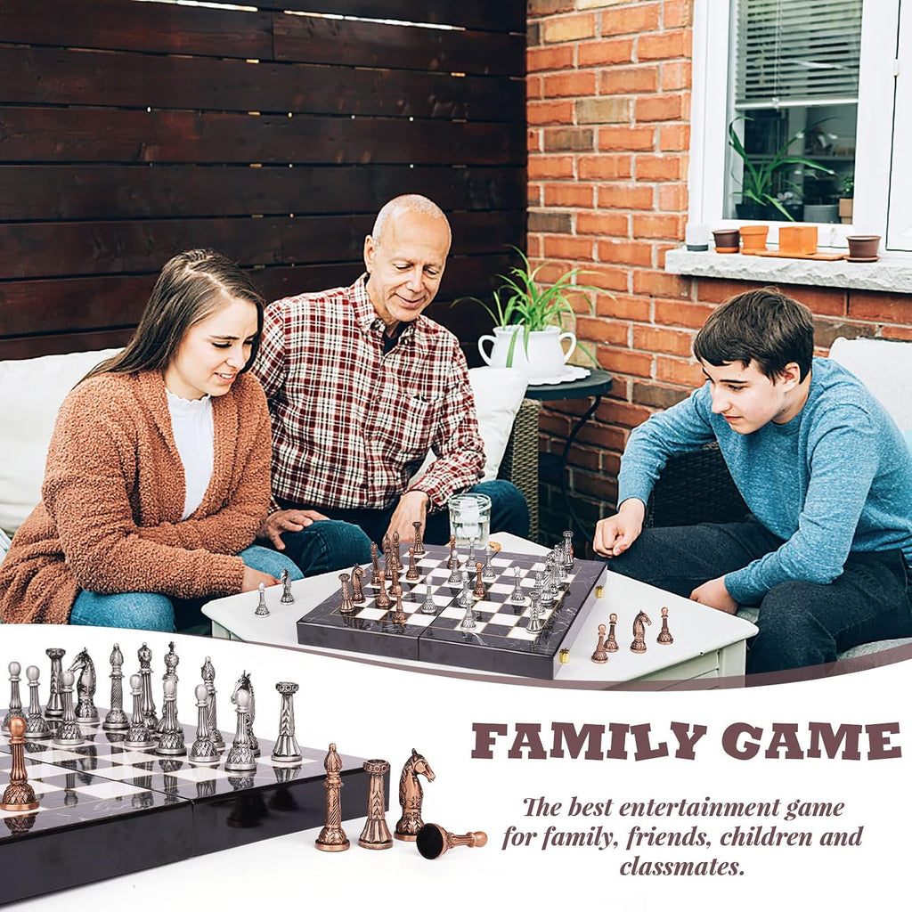 Retro Metal Chess Set for Adults and Kids - Marbling Chess Board with Chess Pieces - Travel Chess Set with Metal - Set of 32
