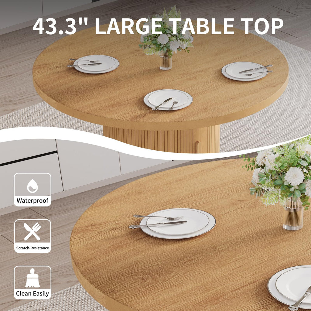 Round Wooden Dining Table with Storage, 43.3" Wood Tabletop, 2-Piece Semi-Circle Design, Pedestal Base Dining Table