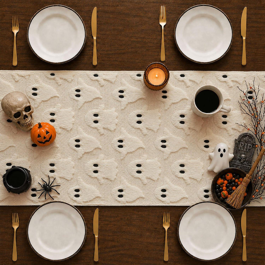 Halloween Table Runner 13x72 Inch Soft Plush Faux Fur Jacquard Beige Ghost Table Runner Holiday Kitchen Dining Table