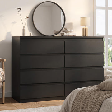Modern 8 Drawer Dresser, Simply Chest of Drawers, Wood Storage Dresser with Deep Drawers /Hallway/Entryway (Black)