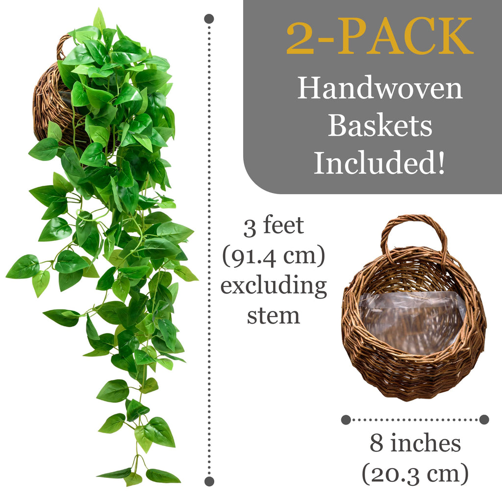 2-Pack Artificial Plants (with Baskets) - Ivy Vines Pothos - Outdoor & Indoor Decorations - Wall Faux Hanging Vine